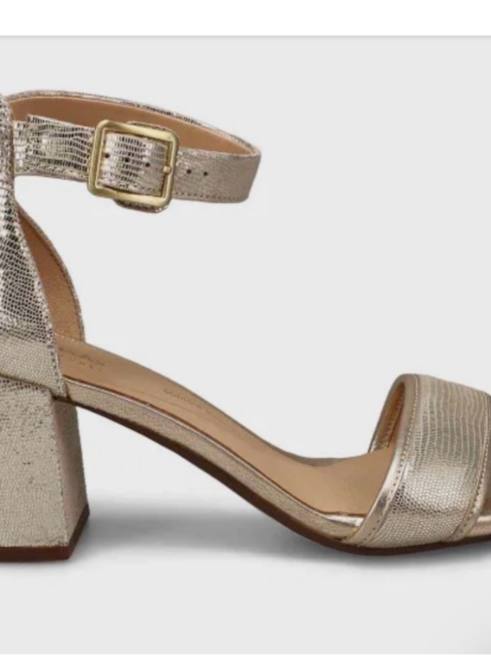 Clarks Gold Metallic Block Heel Sandal with Ankle Strap
